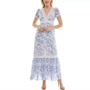 Taylor Blue and White Floral Maxi Tiered Prairie Dress women's Sz 10. New